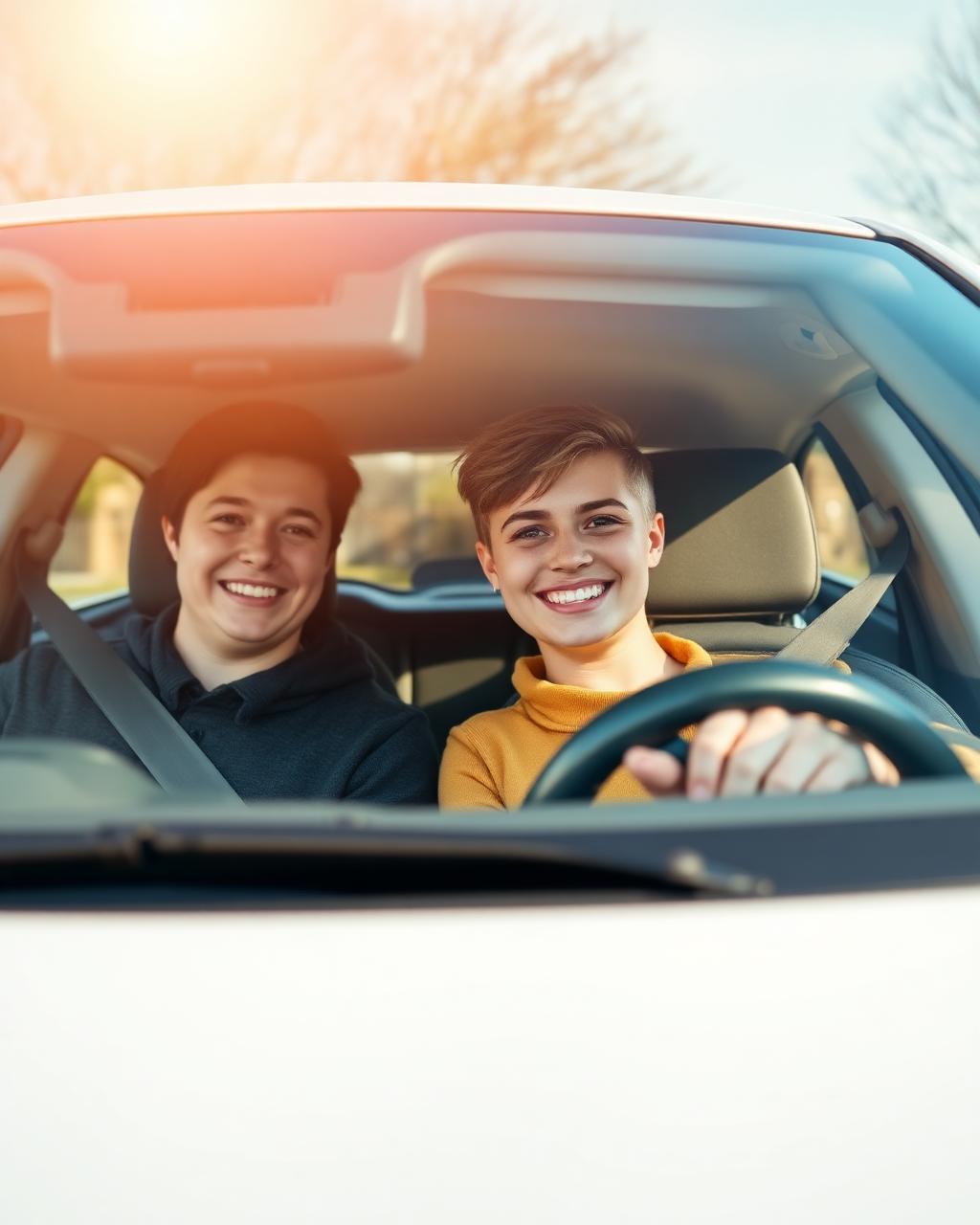 Smiling UK learner driver behind the wheel with their instructor